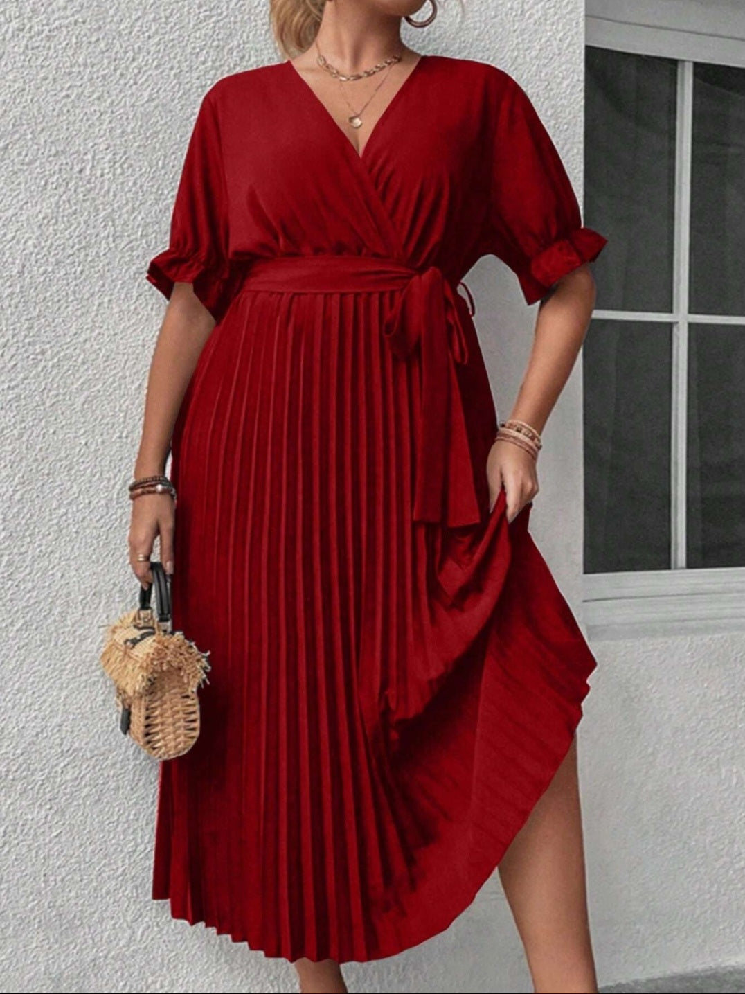 #0807 V-Neck Ruffle Sleeve Waist Tie Pleated Elegant Chic Dress – CURVY ... image.