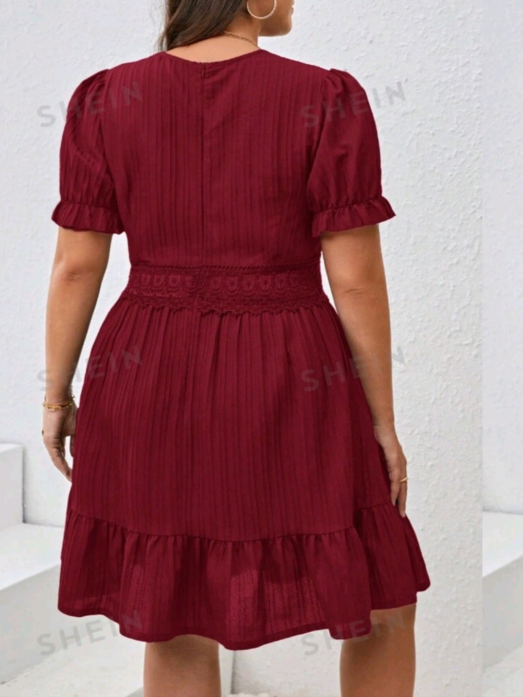 #9611 Lace Patchwork Puff Sleeve Dress