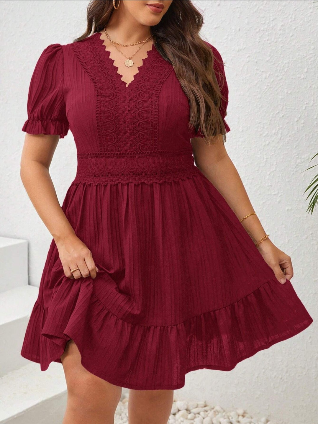 #9611 Lace Patchwork Puff Sleeve Dress
