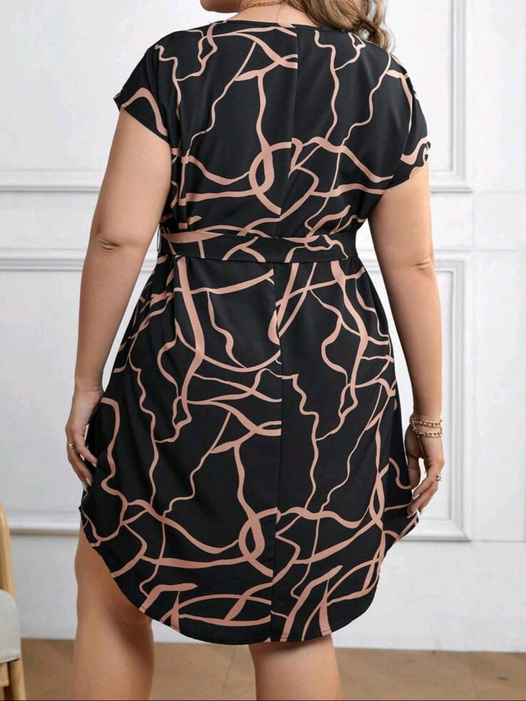 #9852 Notched Neck Graphic Print Belted Elegant Dress