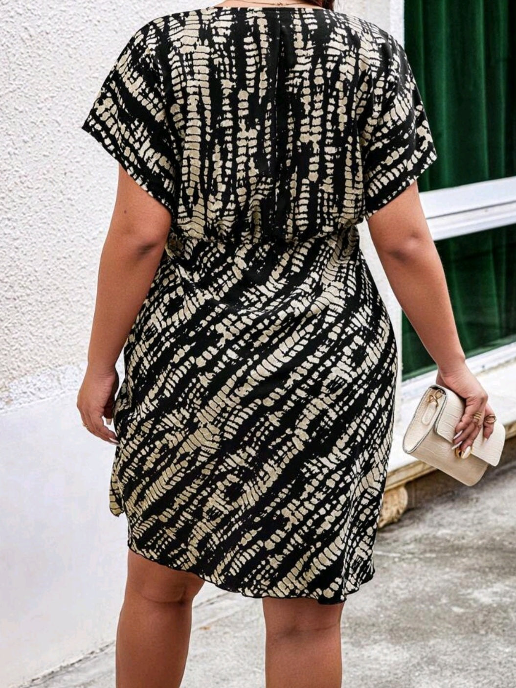 #2321 Printed Batwing Sleeve Wraparound Dress With Tied Straps