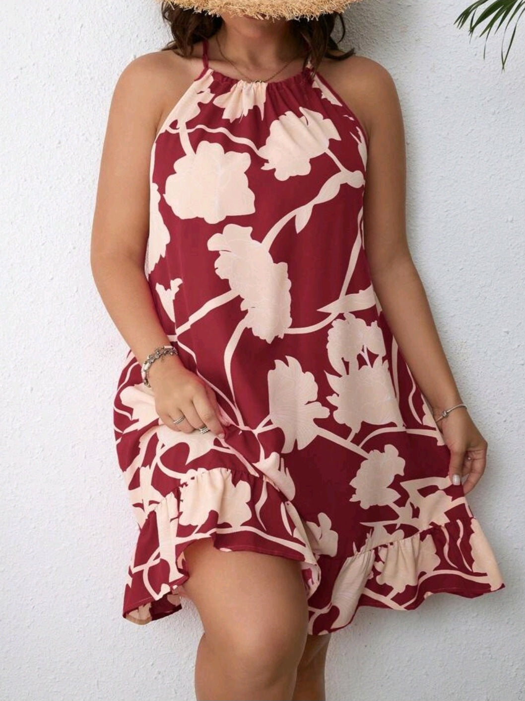 #7891 Floral Print Ruffle Hem Halter Dress
