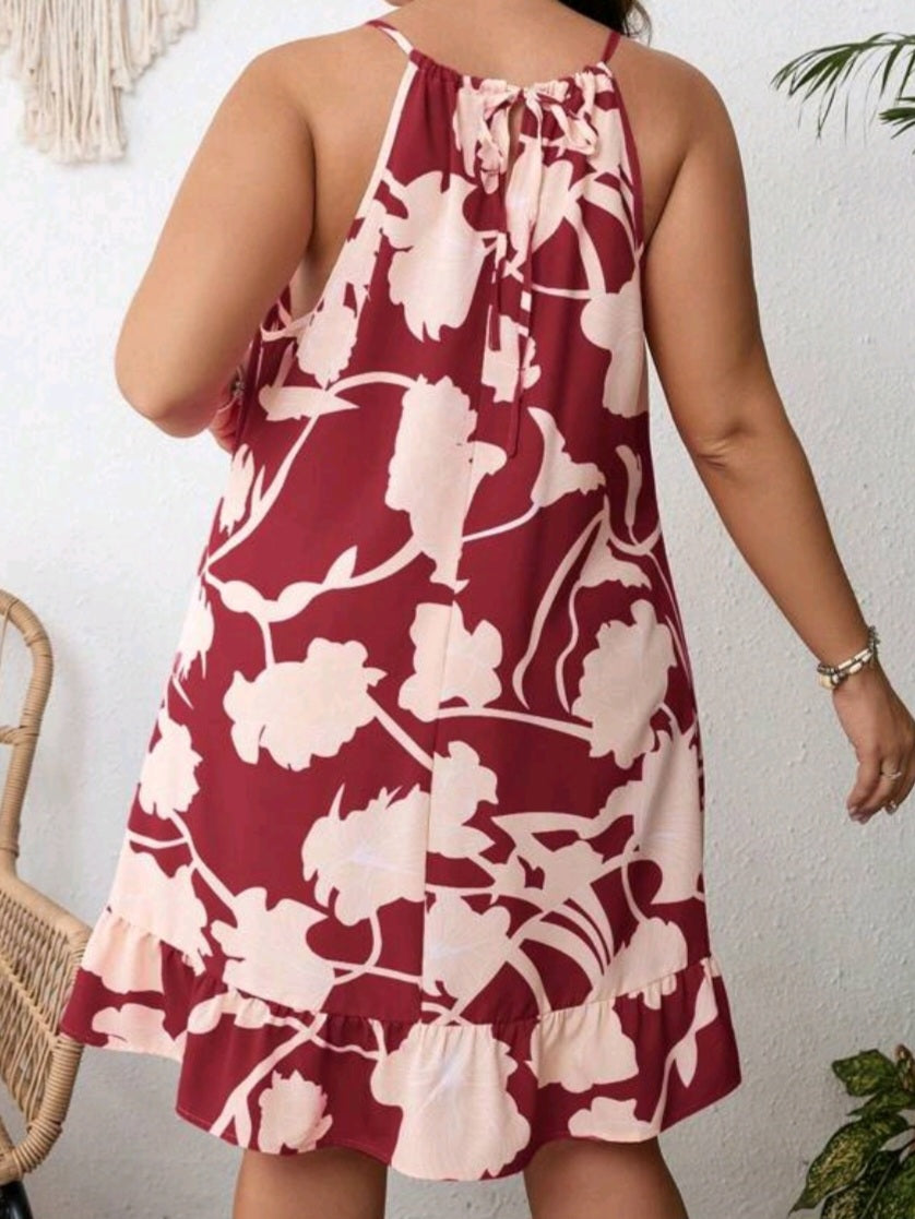 #7891 Floral Print Ruffle Hem Halter Dress