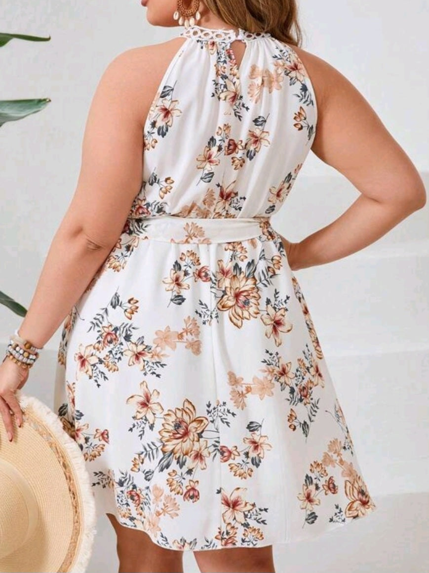#1601 Floral Print Halter Neckline Dress With Lace Trim