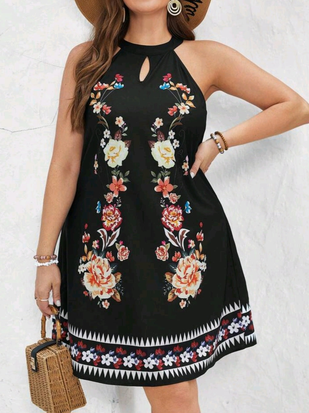 #4238 Floral Print Hollow Out Neck Halter Swing Dress