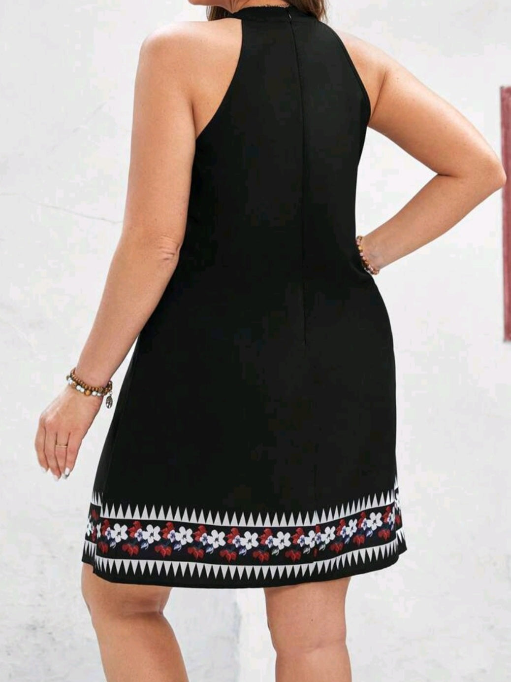 #4238 Floral Print Hollow Out Neck Halter Swing Dress