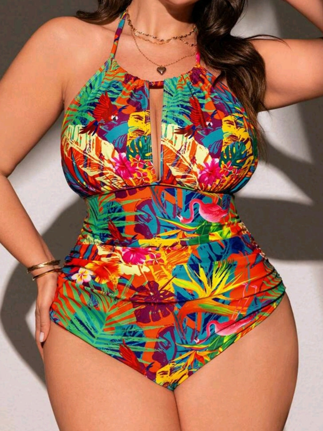 #2599 Tropical Plant Printed Hollow-Out Halter Tie One-Piece Swimsui