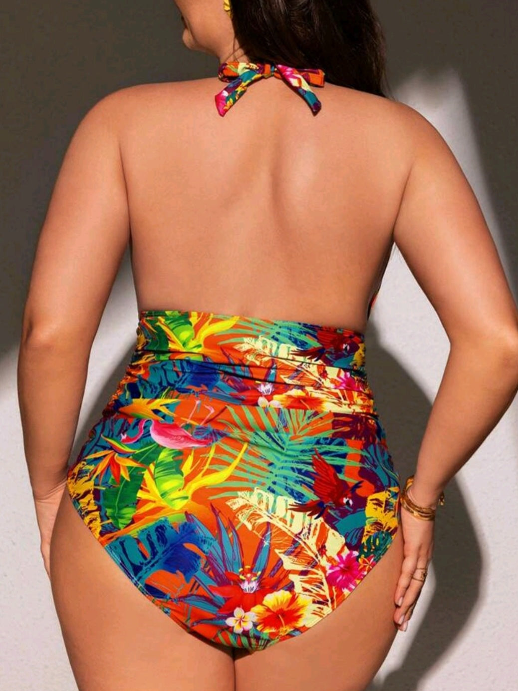 #2599 Tropical Plant Printed Hollow-Out Halter Tie One-Piece Swimsui