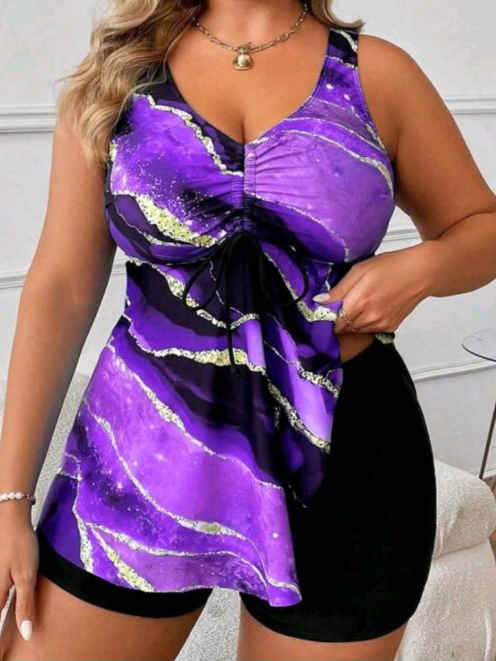 #3655 Pleated Tie Waist Print Backless Tankini Top And Pants