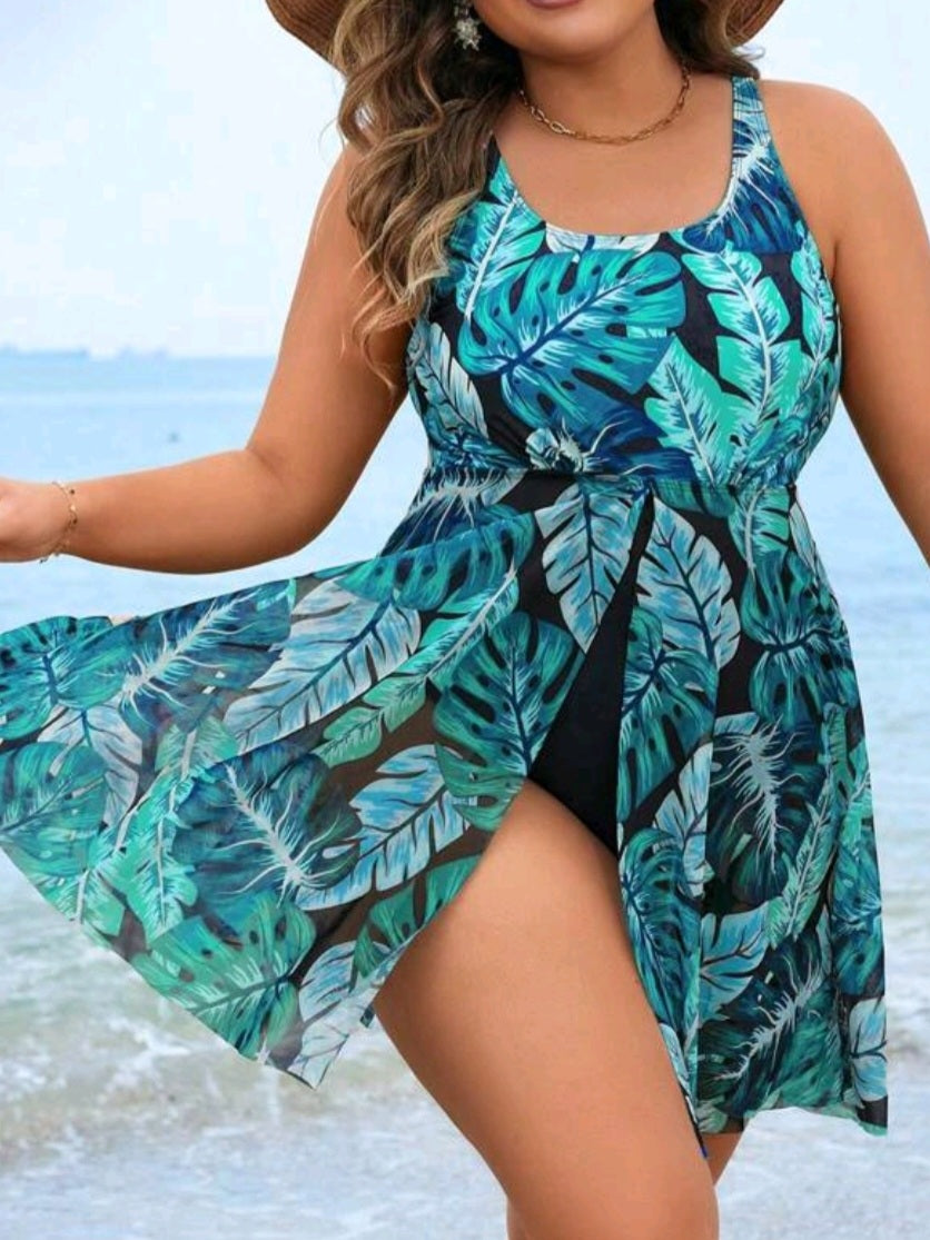 #9228 One Piece Plus Size Tropical Print Swimsuit