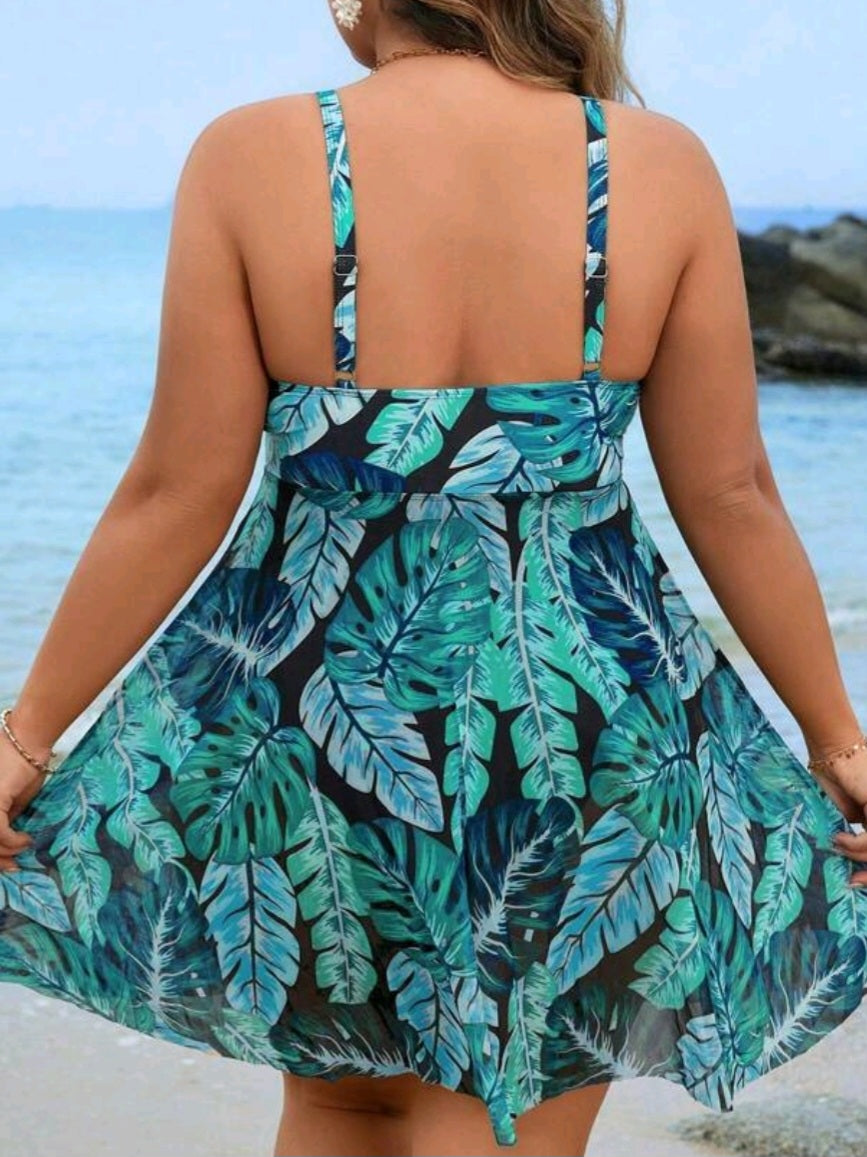 #9228 One Piece Plus Size Tropical Print Swimsuit