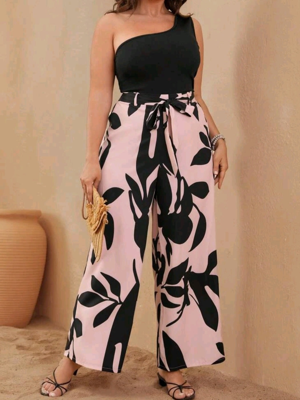 #5631 2 piece One Shoulder Top & Floral Print Belted Wide Leg Pants