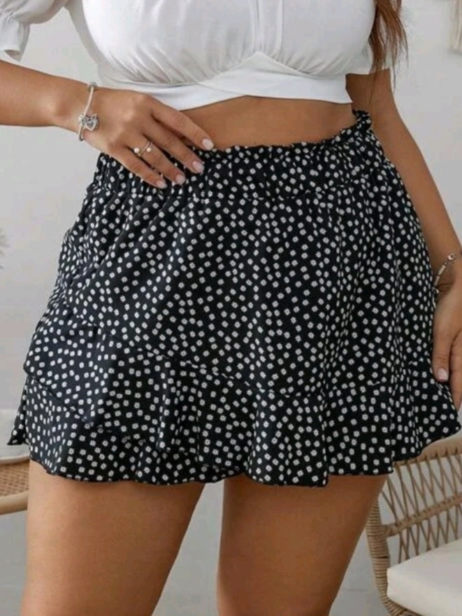 #2344 Ditsy Floral Print Paperbag Waist Skort