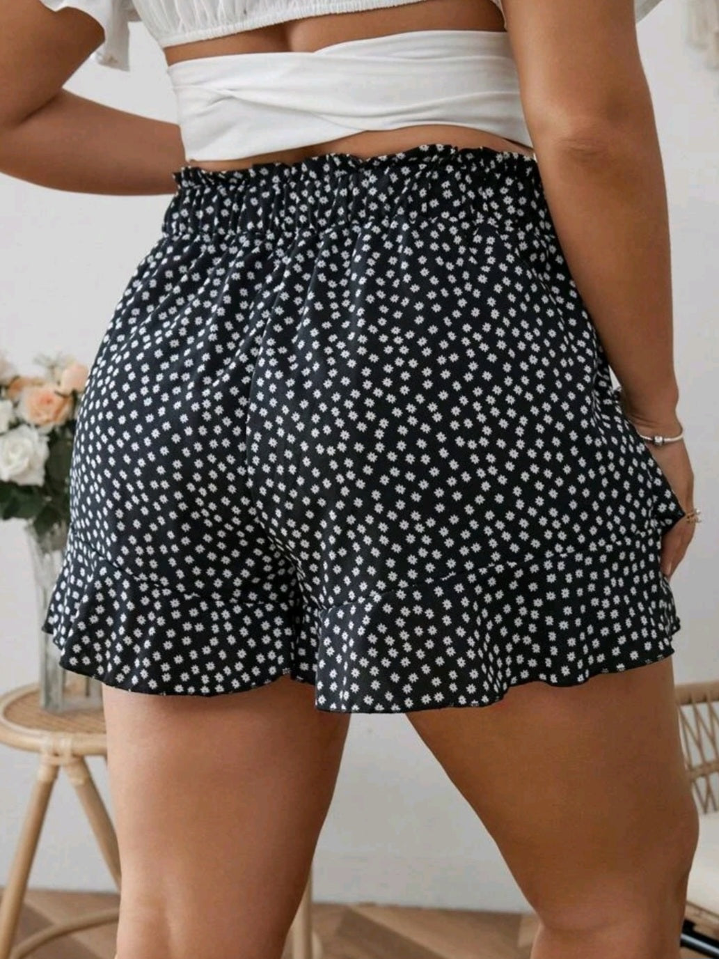 #2344 Ditsy Floral Print Paperbag Waist Skort