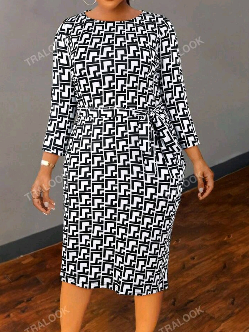 #0454 Elegant Round Neck Houndstooth Print Dress