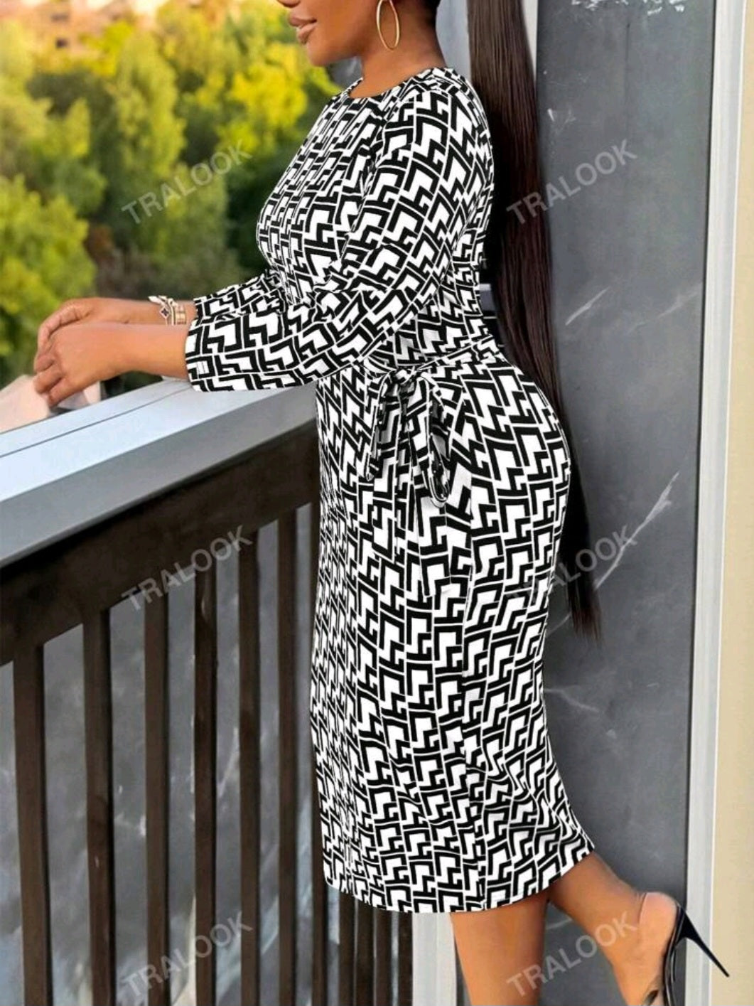 #0454 Elegant Round Neck Houndstooth Print Dress