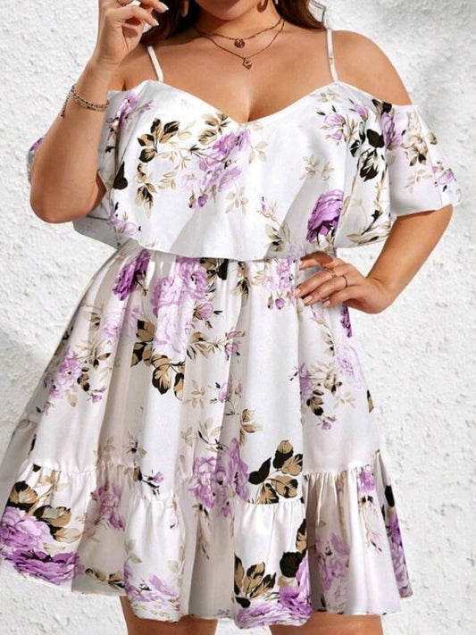 #4470 Spaghetti Strap Open Shoulder Floral Print Dress