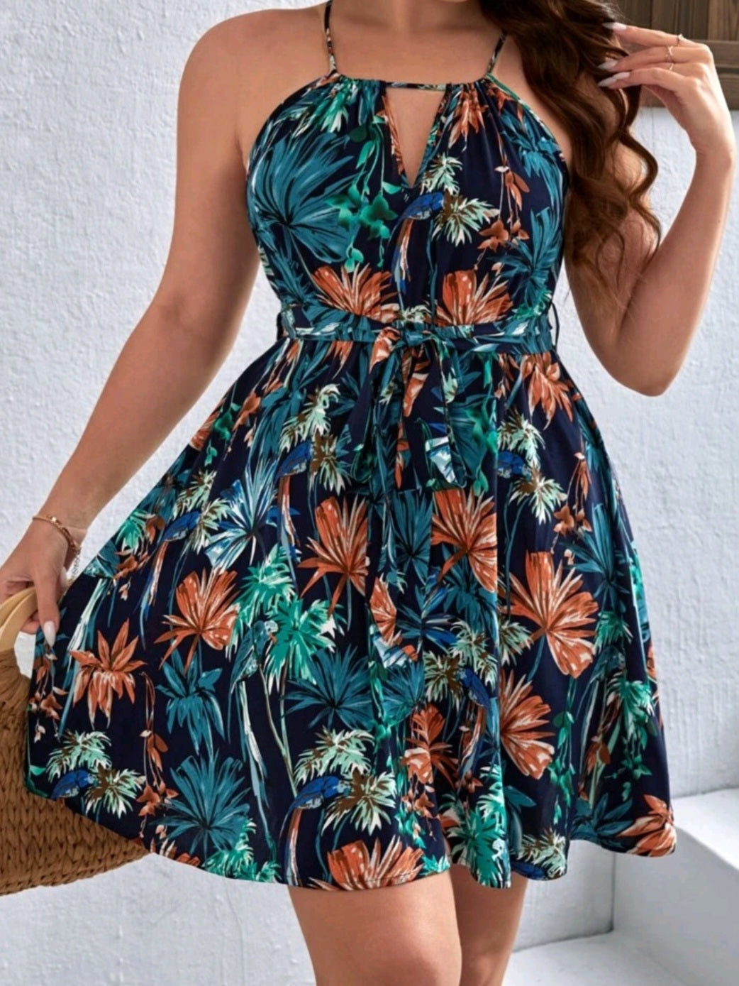 #7743 Tropical Print Cut Out Front Belted Halter Dress
