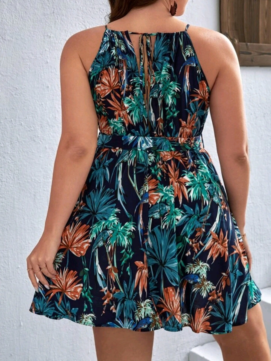 #7743 Tropical Print Cut Out Front Belted Halter Dress
