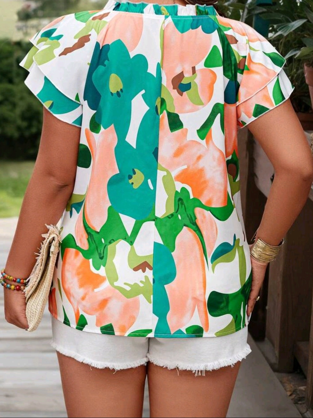 #1719 Random Printed Ruffled Sleeve Blouse