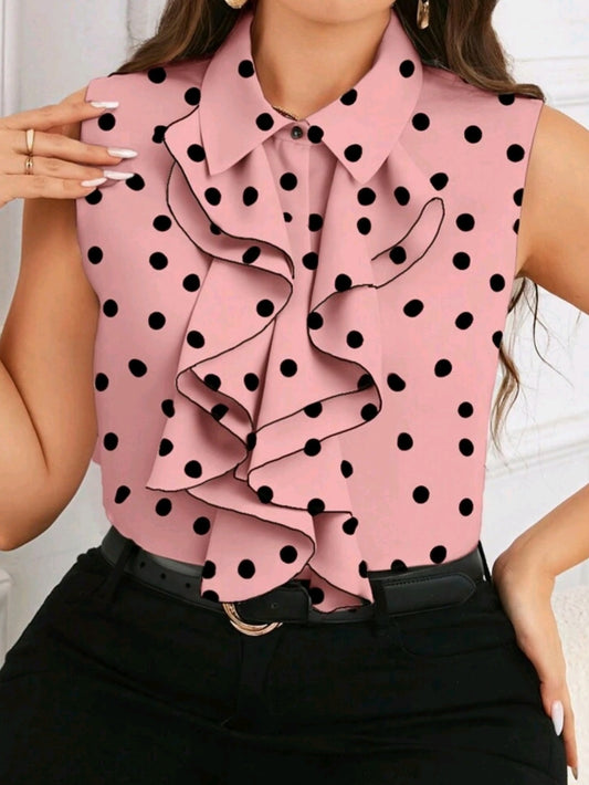 #9877 Polka Dot Contrast Trim Blouse