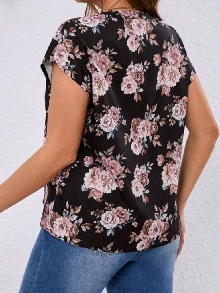 #1934 Floral All-Over Print Notch Collar Blouse