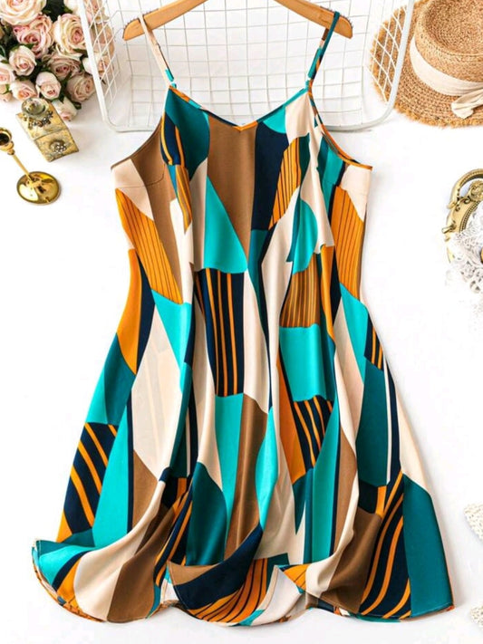 #9799 Geometric Pattern A-Line Sleeveless Sundress