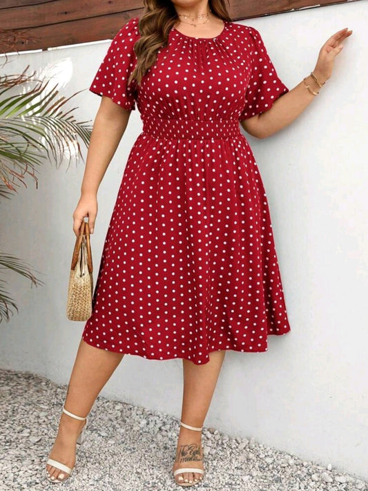#2958 Polka Dot Print Cinching Waist Dress