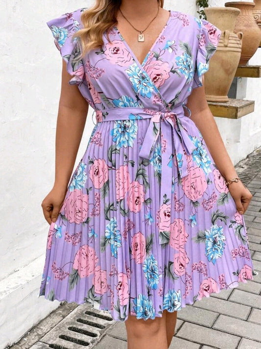 #1670 V-Neck Full Print Cross Wrap Belted Pleated Dress