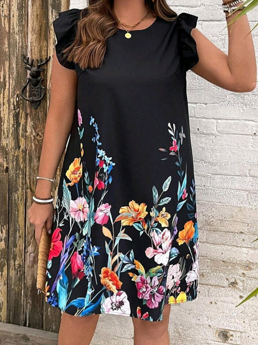 #0903  Flower Printed Ruffle Trim Dress