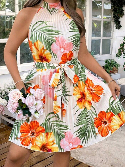 #1127 Halter Neck Ruched Floral Print Elegant Dress
