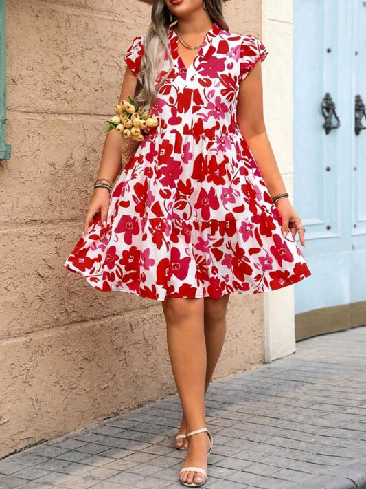 #3460 V-Neck All-Over Printed Mini Dress
