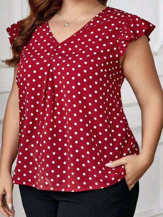 #5489 Polka Dot Print Flounce Sleeve Blouse