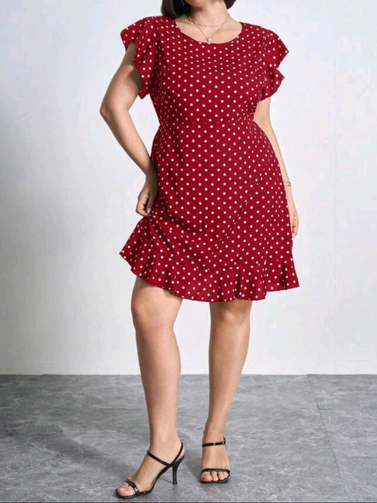 #5773 Polka Dot Print Round Neck Ruffle Sleeve Short Shift Dress