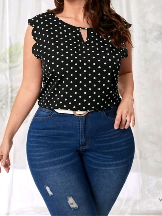 #2299 Keyhole Neck Scallop Trim Polka Dot Top