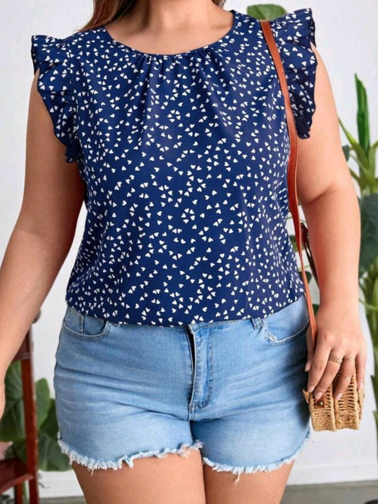 #4481 Heart Print Ruffle Trim Blouse