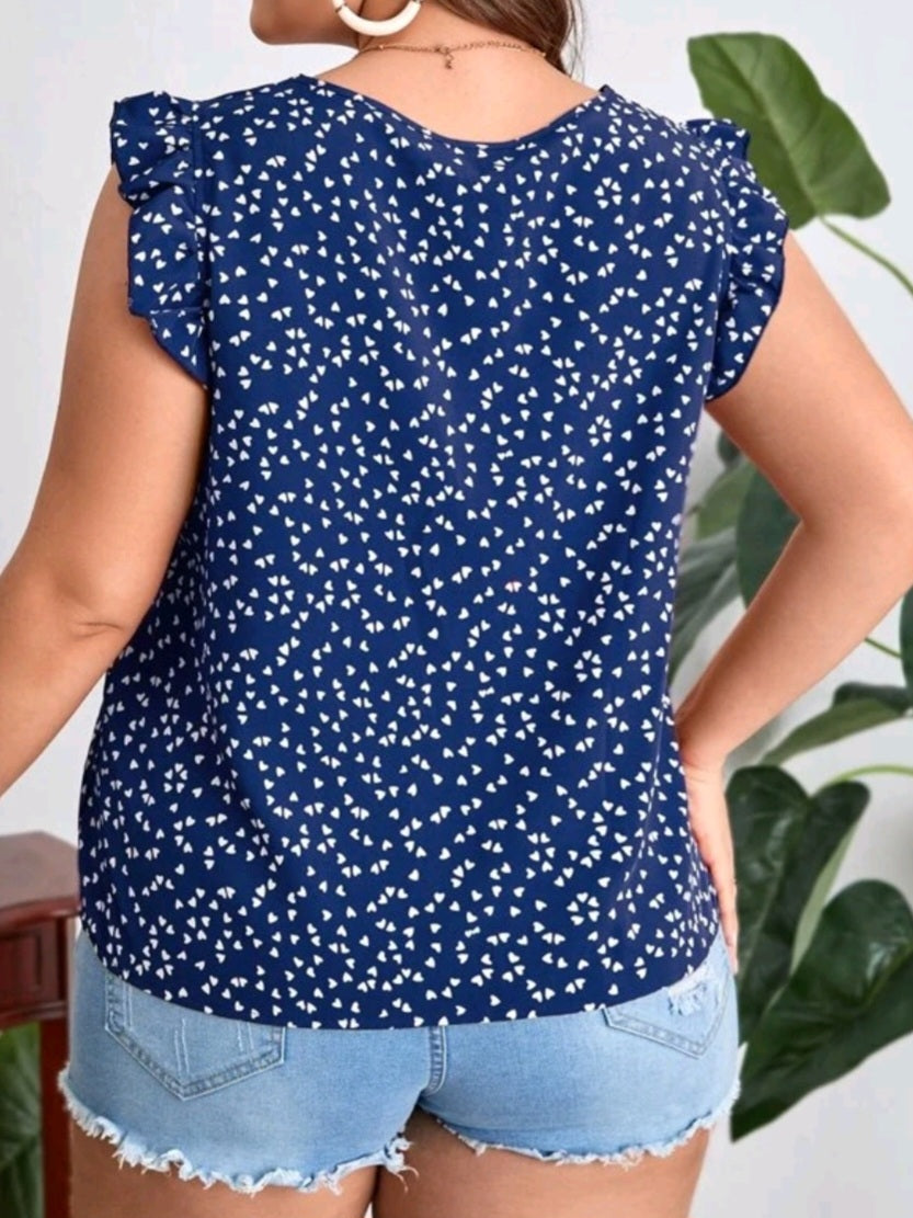 #4481 Heart Print Ruffle Trim Blouse