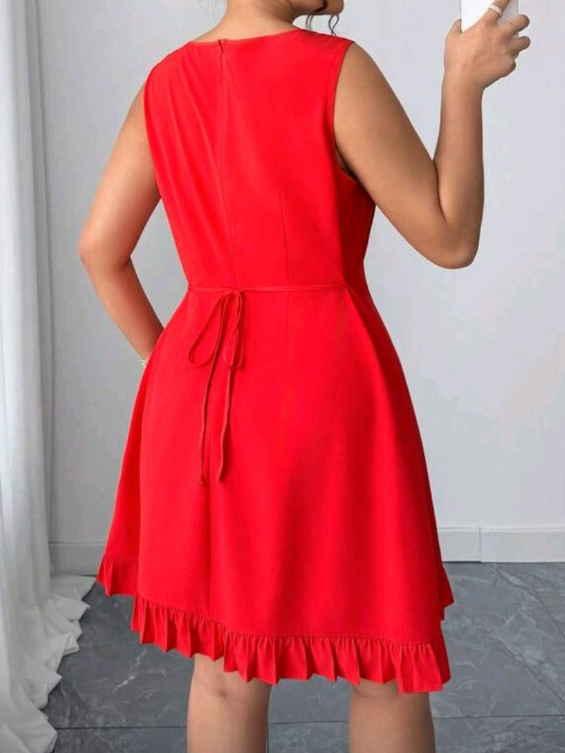 #3851 Elegant Red Round Neck Bow Decor Dress