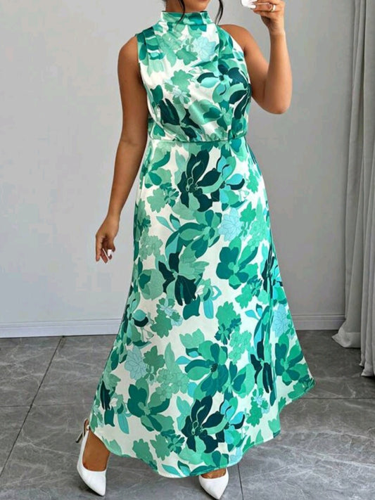 #3383 Floral Allover Print Sleeveless Stand Collar Dress