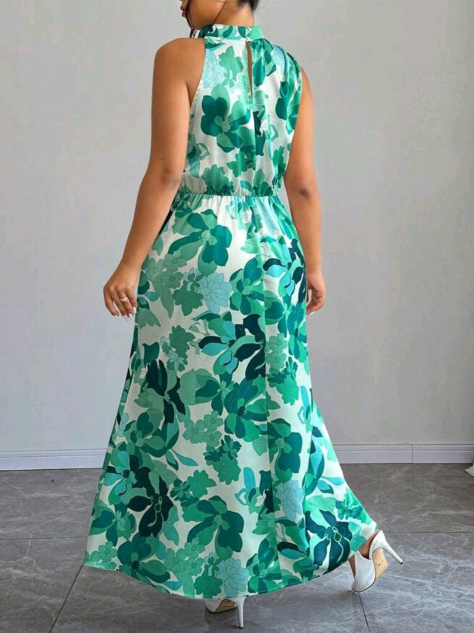 #3383 Floral Allover Print Sleeveless Stand Collar Dress