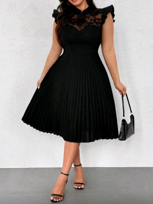#5407  Lace Stand Collar Cap Sleeve A-Line Pleated Dress