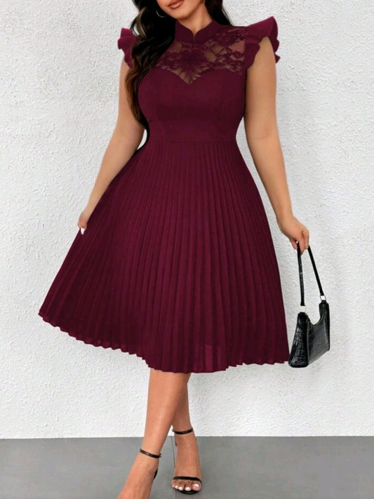 #6266 Lace Stand Collar Cap Sleeve Pleated Dress