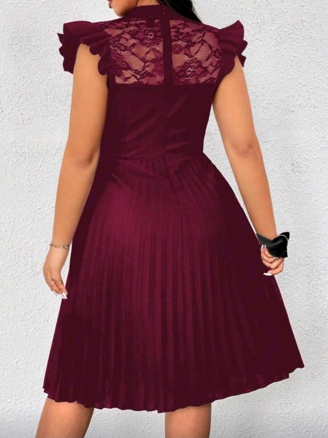 #6266 Lace Stand Collar Cap Sleeve Pleated Dress