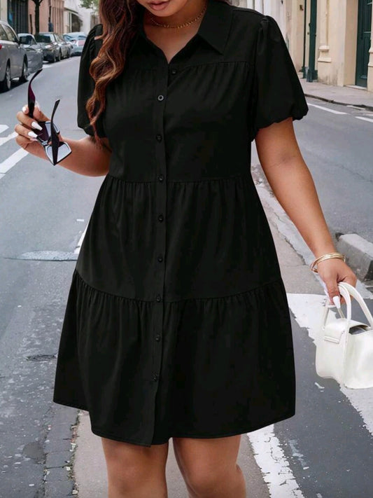 #8931 Short Sleeve Shirt Dress With Ruffled Hem