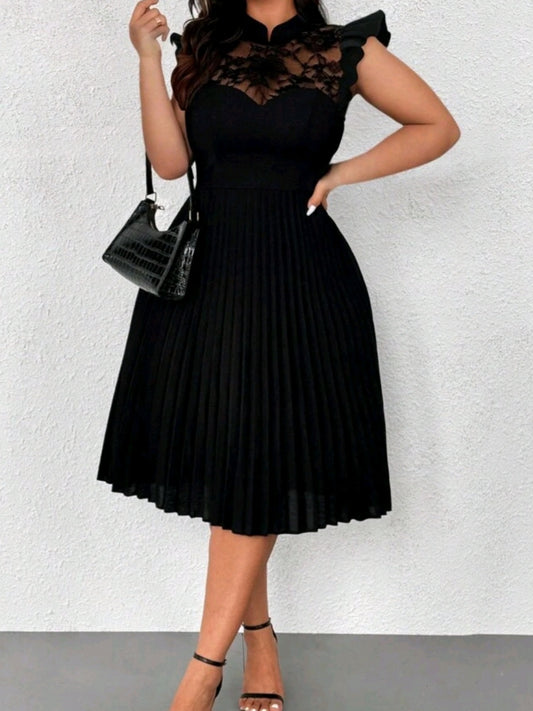 #7336 Elegant Romantic Contrast Lace Stand Collar Flare Dress