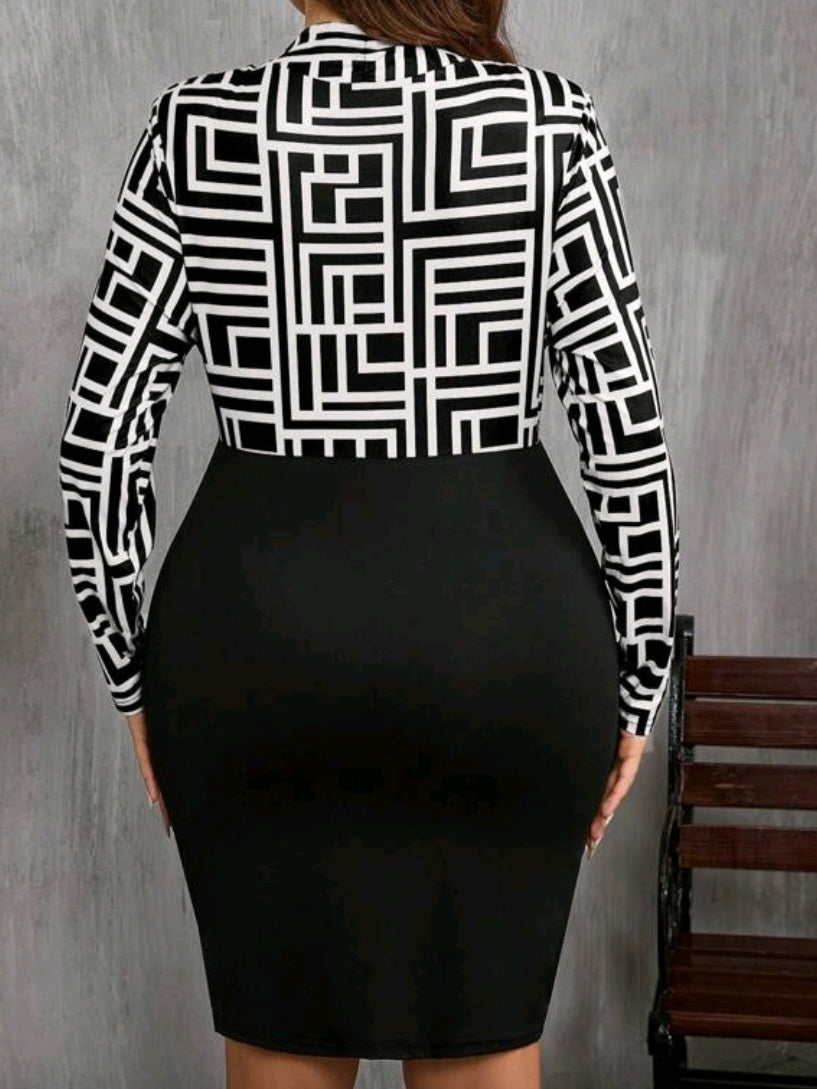 #8238 Geometric Print V-Neck Long Sleeve Fitted Dress