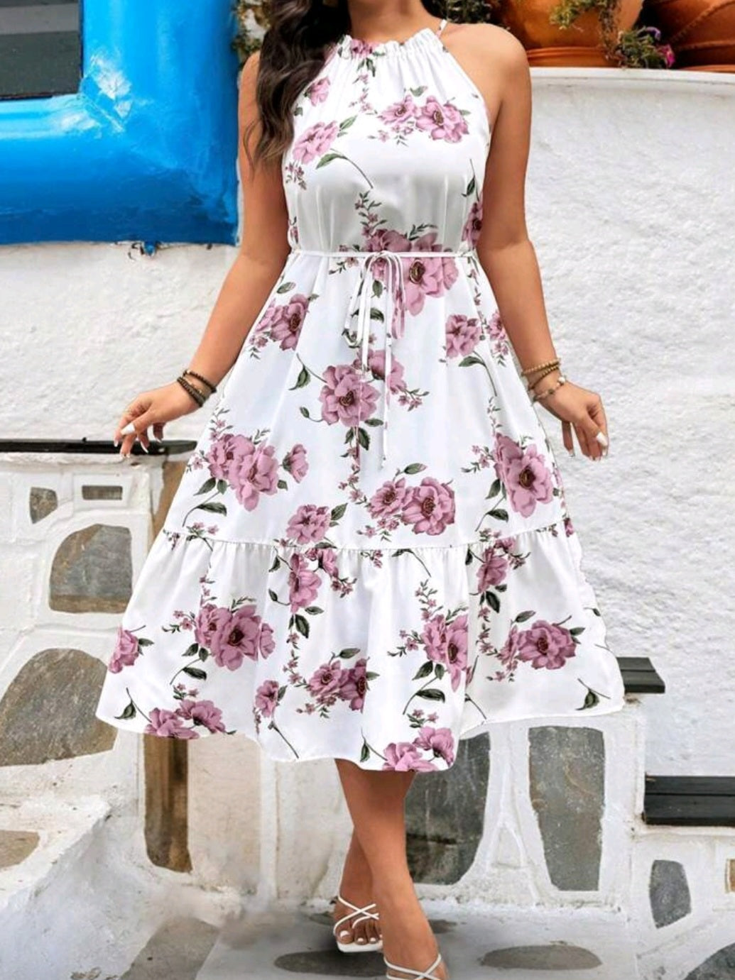 #6785 Floral Print Tie Waist A-Line Dress