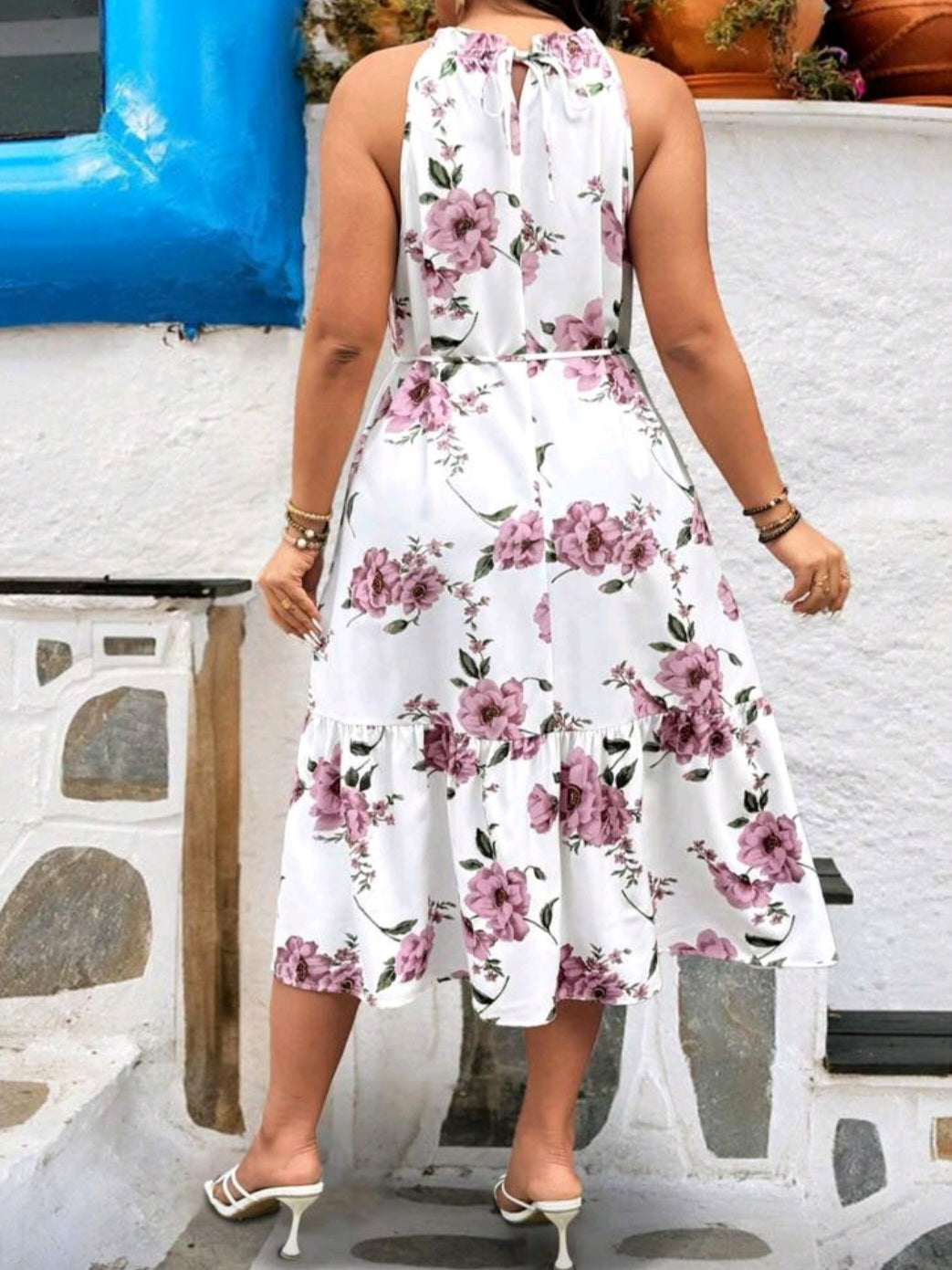 #6785 Floral Print Tie Waist A-Line Dress