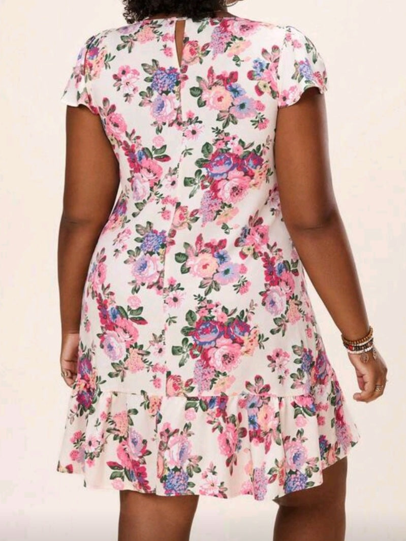 #0066 Flower Print Ruffle Hem Dress