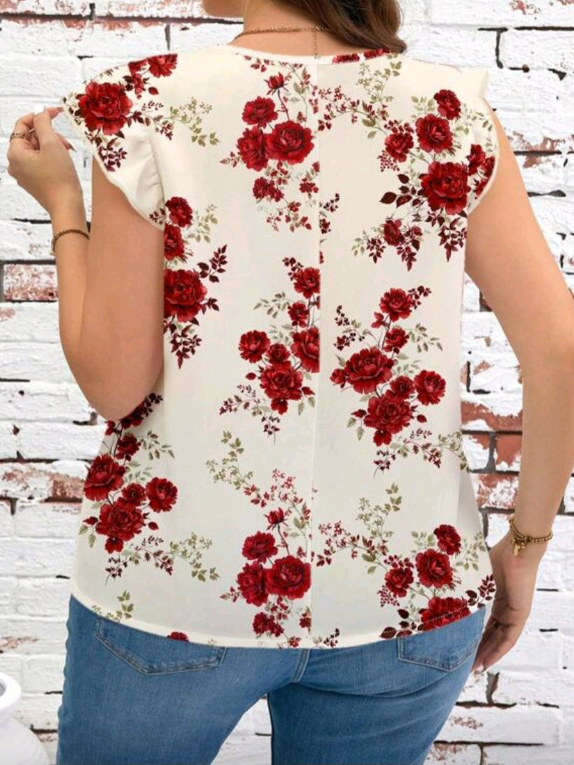 #6259 Floral Print Cap Sleeve Blouse
